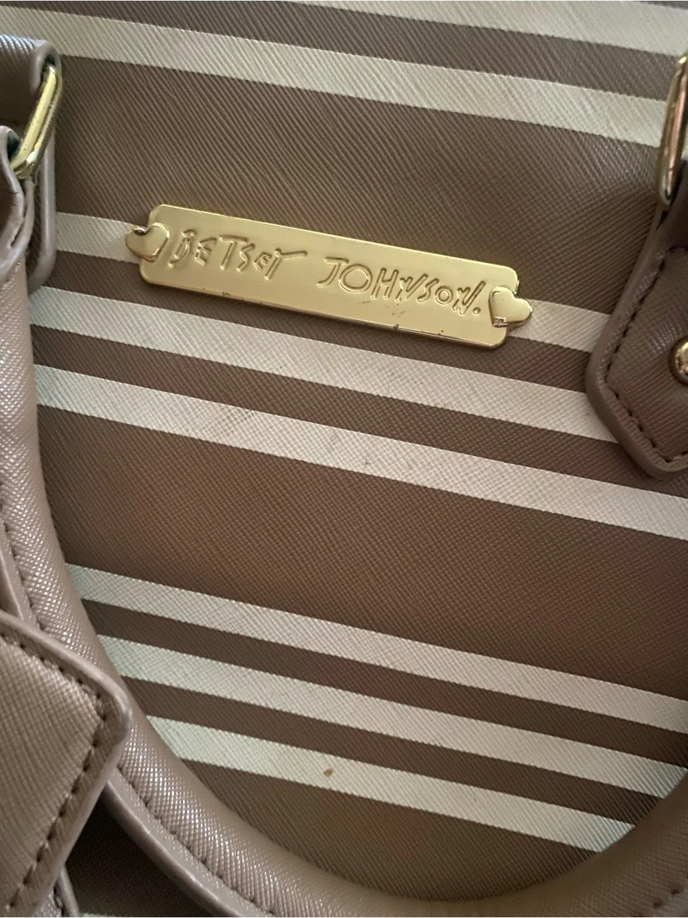 Betsey Johnson Brown and‎ Cream Striped Tote with Bow Charm 16” x12”